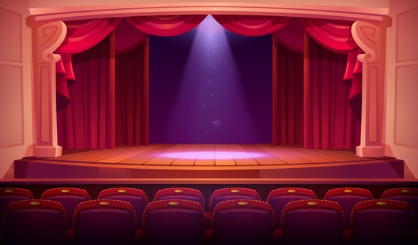 Theater empty stage with red curtains, spotlights vector