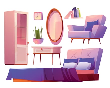 Pink bedroom furniture set, purple decor room vector
