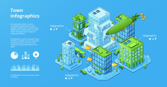 Town infographics poster with isometric city vector