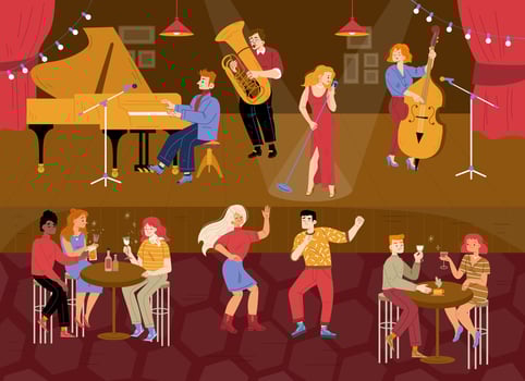 Jazz club musical concert, people sit at tables vector