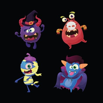 Monster halloween cartoon characters with costumes vector