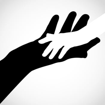 Black color big hand and white small hand vector concept. Help symbol hands vector support emblem. Vector hands icon illustration. Education, health care, medical, design element.