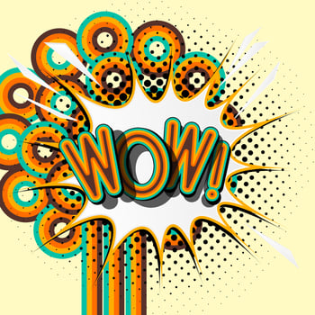WOW retro lettering with shadows, halftone pattern on retro poster  background. Vector bright illustration in vintage pop art style.