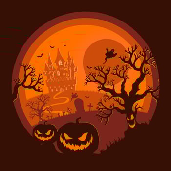 Halloween night background, pumpkins and dark castle. Halloween poster orange. vector