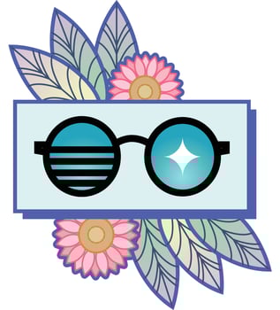 Sunglasses design with blue and black accompanied by some pinky flowers and some blue pattern leaves vector