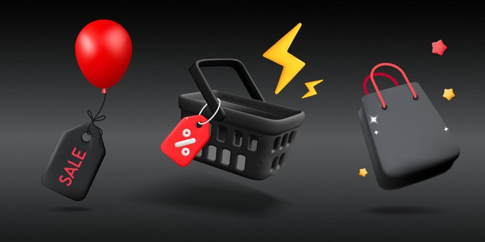 3d vector collection of online shopping and discount sale offer cartoon render object for Black friday and Cyber Monday. Red balloon with percent label tag coupon, store basket, cart, paper gift bag.