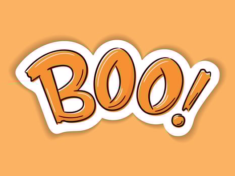 Halloween vector sticker Boo Hand drawn Halloween lettering sign isolated on dark. Doodle for logo, poster, emblem, greeting card. Cartoon style