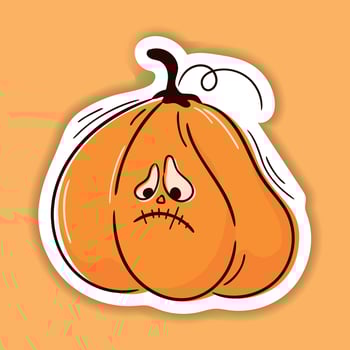 Halloween vector sticker. One line hand drawn Halloween emoticon pumpkin. Jack o Lantern. Funny face isolated on white, cute pumpkins. Doodle for logo, poster, emblem