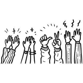 Applause hand draw, doodle clapping ovation. thumbs up gesture isolated on white background , vector illustration.