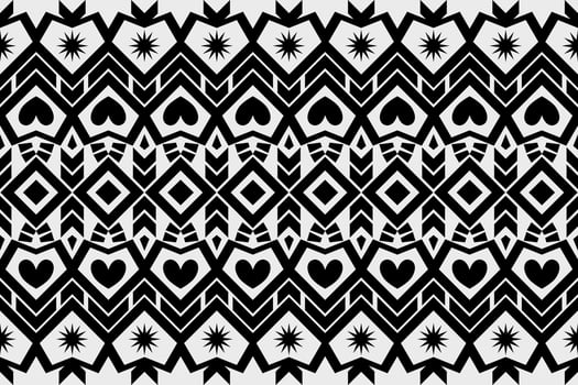 Black and white geometric ethnic seamless pattern design for wallpaper, backgrounds, clothes, curtains, carpets, apparel, gift-wrapping paper, and vector design.