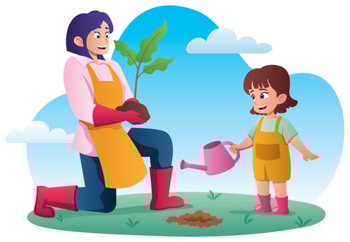Mother and Daughter Planting Tree vector