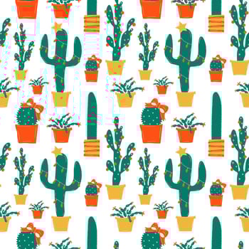 Seamless pattern with Winter holiday decorations. Christmas cactus, scandinavian style branches and xmas tree toys. Leaves, red berries and cacti with festive garlands vector clipart
