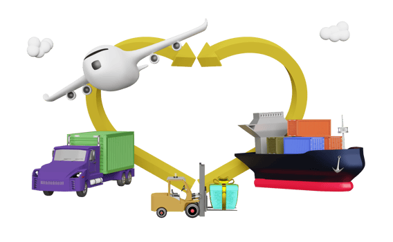 semi truck and cargo ship and plane with arrow, center and air cargo trucking, maritime shipping, land transport concept, 3d illustration or 3d render png