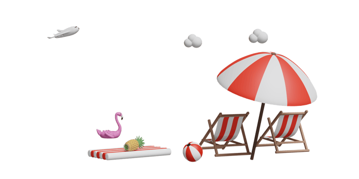 summer beach with beach chair, ball, swim ring flamingo, landscape, summer travel concept, 3d illustration, 3d render png
