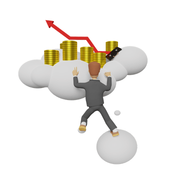 cartoon character businessman with pile of coins and bar graph on cloud isolated. 3d illustration or 3d render png