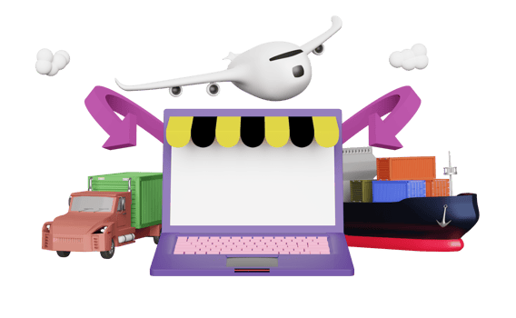 shop on laptop with trailer and cargo ship and plane, digital marketing plan and air cargo trucking, maritime shipping, land transport concept,  3d illustration or 3d render png