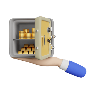hands holding safe box full of coins stack and gold bar, business banking concept, 3d illustration or 3d render png