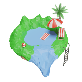 Summer sale banner with floating island,  beach chair, ball, umbrella, coconut tree isolated. summer travel concept, 3d illustration or 3d render png