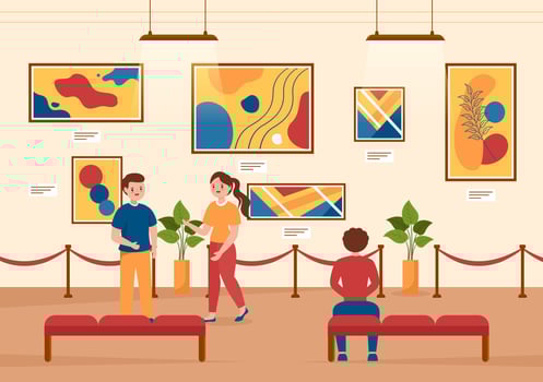 Art Gallery on Museum of Exhibition Visitors Viewing Modern Abstract Paintings at Contemporary and Photo in Flat Cartoon Hand Template Illustration vector