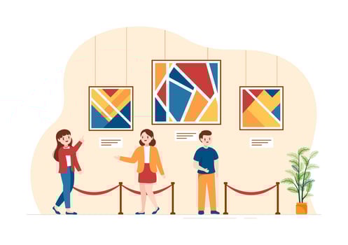 Art Gallery on Museum of Exhibition Visitors Viewing Modern Abstract Paintings at Contemporary and Photo in Flat Cartoon Hand Template Illustration vector