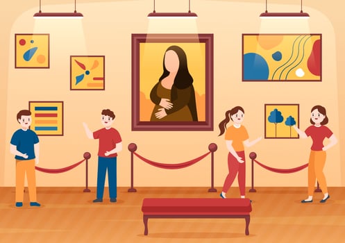 Art Gallery on Museum of Exhibition Visitors Viewing Modern Abstract Paintings at Contemporary and Photo in Flat Cartoon Hand Template Illustration vector