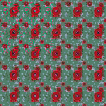 Vector seamless repeat pattern drawing of red flower bouquets random on green background with small purple petal flora, for fashion clothing fabric textiles printed wallpaper paper wrapping