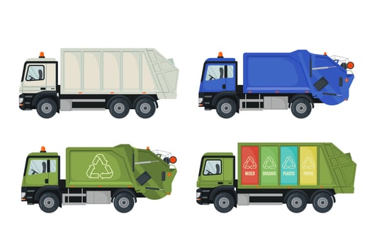 Set of garbage truck icons in flat style isolated on white background. Vehicle for eco waste collection. Reuse, reduce, recycle concept. Vector illustration.