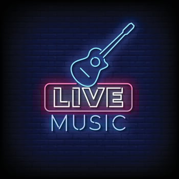Neon Sign live music with brick wall background vector