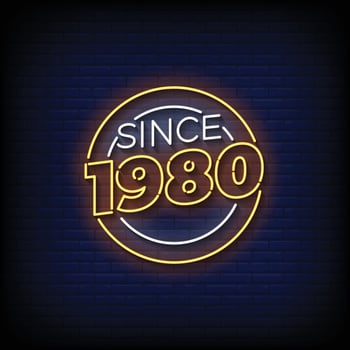 Neon Sign since 1980 with brick wall background vector