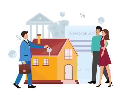 Estate agent giving a key from the house to the young family. Mortgage loan, insurance, bank, credit, financial concept illustration. Young happy couple signing the contact for purchasing the house. vector