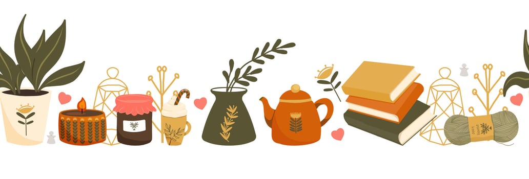 Hygge Autumn and winter pattern border design. Cute and cosy vector seamless repeat banner. Illustration of scarfs, mittens, coffee, winter woodland foliage and stars.