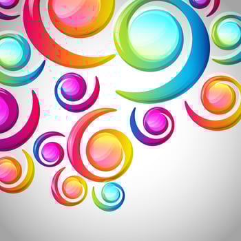 Abstract colorful spiral arc-drop pattern on a light background. Transparent colorful elements and circles design card.  Vector illustration.