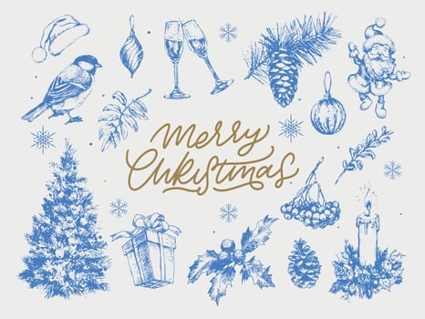 Merry Christmas. Happy New Year, 2023. Typography set. Vector logo, emblems, text design. Usable for banners, greeting cards, gifts etc.