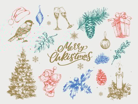 Merry Christmas. Happy New Year, 2023. Typography set. Vector logo, emblems, text design. Usable for banners, greeting cards, gifts etc.