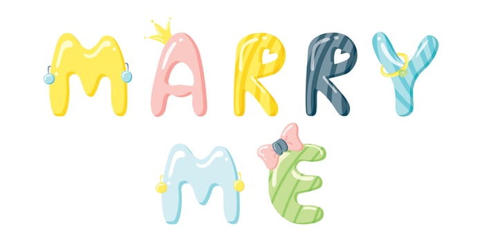 Candy Marry Me Lettering. Funny candy caramel letters. Vector cute illustration with text. Marriage proposal text.