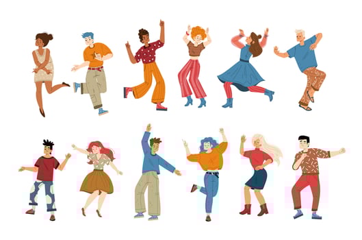 People listen music and dance, characters on party vector
