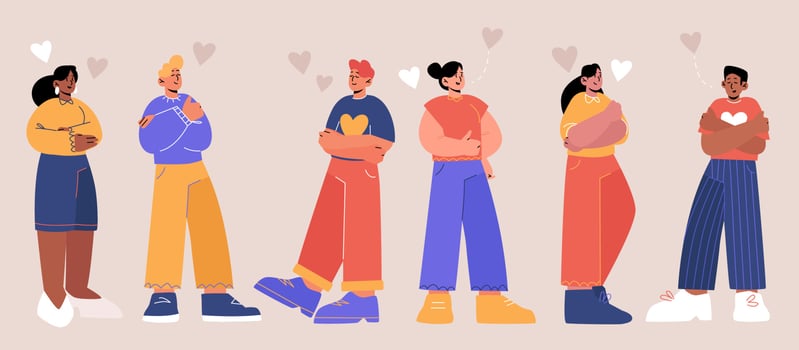 Concept of self love with people hug themselves vector