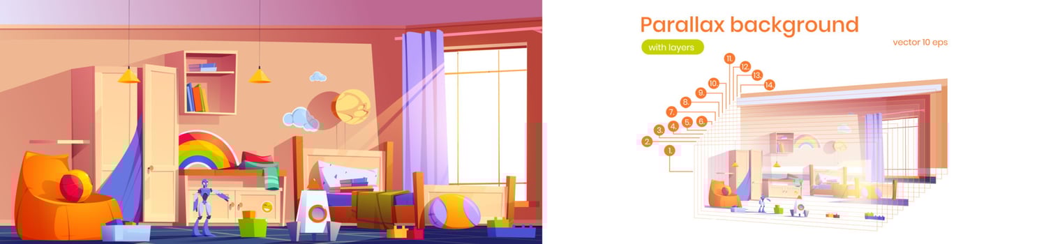 Parallax background kids bedroom, 2d game vector