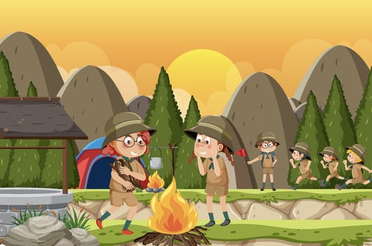 Children camping out forest scene vector