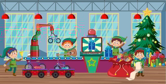 Elf and Santa Claus preparing gift for Christmas vector