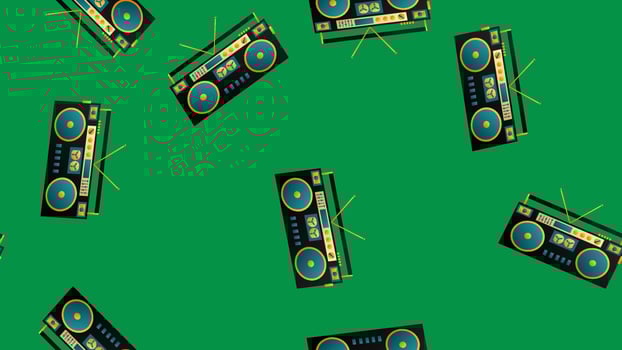 Seamless pattern of retro old hipster music audio tape recorders from the 70s, 80s, 90s, 2000s on a green background vector