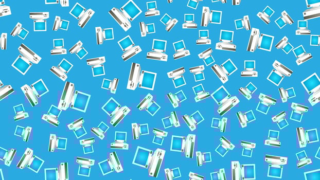 Seamless pattern of retro old hipster computers from the 70s, 80s, 90s, 2000s on a blue background vector