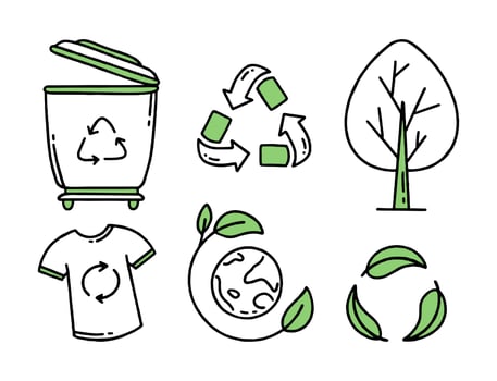 Set elements. Recycling. Separation of garbage. Co2 concept of climate change. Vector isolated doodle