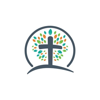 Tree religious cross symbol icon vector design. Prayer tree vector logo design template.