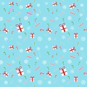 Pattern of Christmas gift, candy and snowflake on blue background. vector