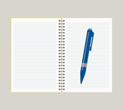 Open notebook with blue pen. Vector illustration