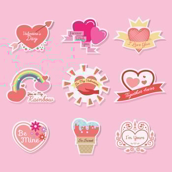 Valentine's day sticker badges labels flat hand drawn cartoon vector