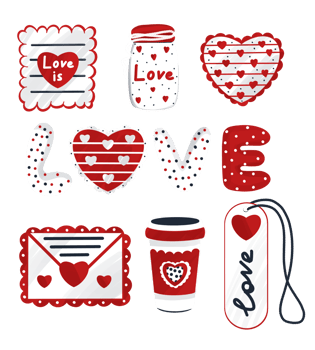Digital illustration graphic elements doodle stickers baby hearts envelope keychain heart jar glass festive png