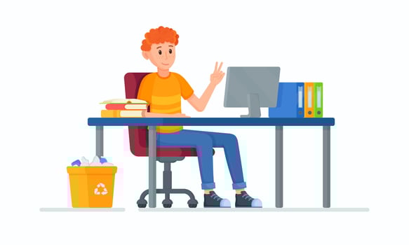 Vector illustration of a student sitting at his desk for a class.