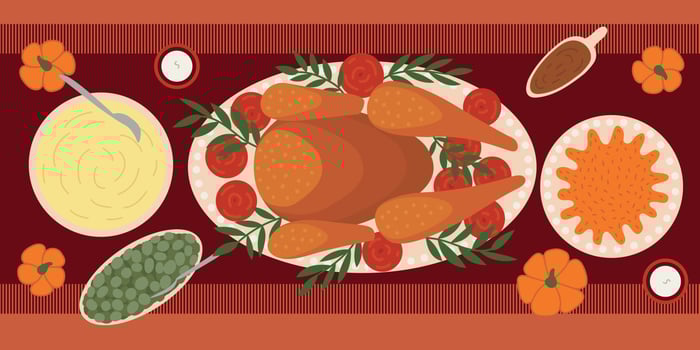 Thanksgiving turkey and another dishes vector flat style table illustration. Thanksgiving menu table top view dishes. Turkey, mashed potatos, beans and pumpkin pie